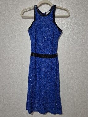 IEENA For Mac duggal Blue Sequin Halter Mini Dress with Black Accents-4